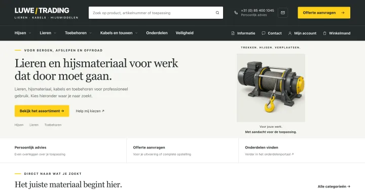 Startpagina van luwetrading.eu met een lier en de kop “Lieren en hijsmateriaal voor werk dat door moet gaan.”