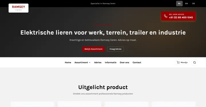Startpagina van ramsey-lieren.nl met de kop “Elektrische lieren voor werk, terrein, trailer en industrie”.