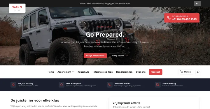 Startpagina van warn.luwetrading.eu met een terreinwagen en de kop “Go Prepared.”